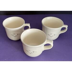 Pfaltzgraff Heirloom (3) Flat Coffee Cups Gray & White Flowers Scalloped